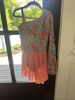 Weissman Coral and Teal Sequin One-Shoulder Dance Costume
